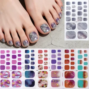 Waterproof Summer Gradient Solid Color Glitter Gold Foil Stamping Foot Nail Sticker Polish Teo Nail Strips Teo Nail Stickers