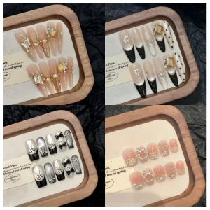 Wearable Pink Almond Style Removable Sweet Pearl Decor French Shiny Bride False Handmade Nail Tips
