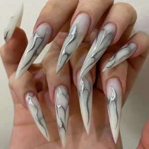 Western style French Long pointed Plaid 3D Handcrafted Nail Stickers Nude Tones Wearable False Nails Instagram Popular