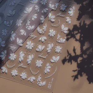 White Cherry Blossoms Flower Petal Self Adhesive Slider Stickers 5D Soft Embossed Relief Nail Stickers Manicure Decals