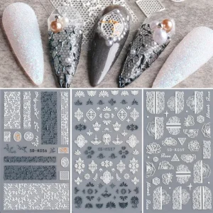 White Embossed Flower Lace 5D Sticker for Nails Decals Nail Decorations