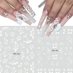 White Floral Nail Decals 5D Embossment Design Butterfly Self Adhesion Nail Art Stickers