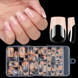 White French Design Acrylic Full Cover False Nails for Women Girls Short Square Press on Finger Application Pre-designed Nail