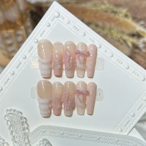 White French Tip 3D Flower Hand Painted Acrylic High Quality Handmade Press on Nails