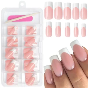 White French Tip Press on Nails Medium Square Nails Nude False Nails Square French Press Ons Square