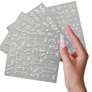 White Series Nail Stickers Luxury 3D Embossed 5D Nail Sticker Nail Art Decals Decoration Flowers Anime Decals for Girls