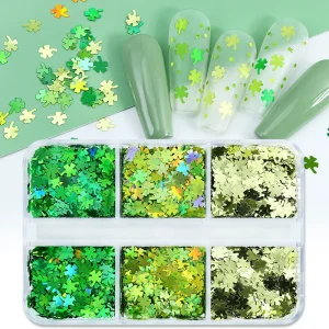 Wholesales Four Leaf Clover Nail Sequins Laser Green Alfalfa Shape Nail Accessories