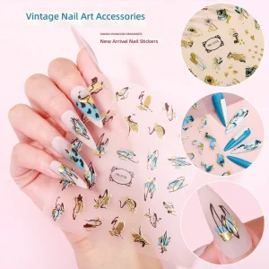 Whoselase Gold Foil Abstract Graffiti PVC Shiny Thin Nail Stickers Blue Splash Ink Irregular Line Nail Decals DIY Vintage Nail