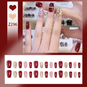 Wine Red Press on Nails Gold Glitter Rhinestone Chain Plaid Medium Square Bulk Luxury Salon Daily Reusable Nail Tips