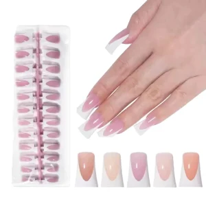 Women’s Press On Acrylic Artificial Finger Nails 24pcs Almond & Square Pattern with Glue and Shining Surface French Style