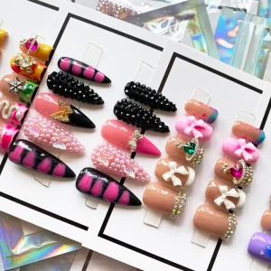 Y2K INS Style Short Square False Nails Acrylic Pure Handmade Gel Press on Nails 3D Custom Design Decorated Reusable False Nails