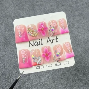 Y2K Style Short Duck Fake Nails Acrylic Pure Handmade Gel Press On Nail 3D Flower Rhinestone Decorated Reusable False Nails
