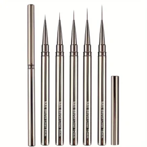 Yueshii Professional Nail Art Brush Set 5pcs Flat Metal Handle Synthetic Hair Brushes Fine Liner Nail Supply