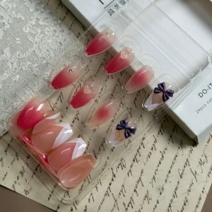Z352 High Quality ABS Full Cover Pre designed Transparent Stiletto French Tip Press on Nails with Glue for Finger Use
