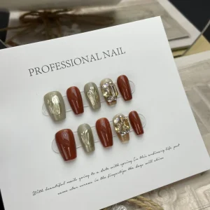 press on nails diamond-studded nail art Soldering patch Deep wine red press on nails with glue
